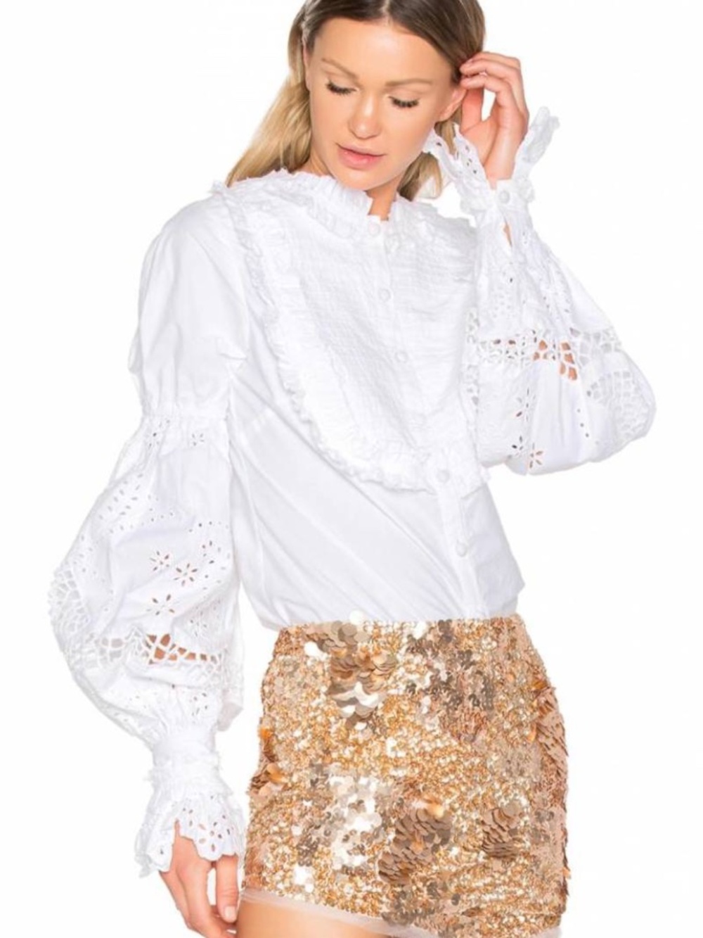 Aje White Ruffle Eyelet Isabelli Shirt, Long Sleeve Boho Blouse Size 8